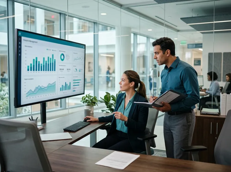 Hospital executives reviewing management indicators