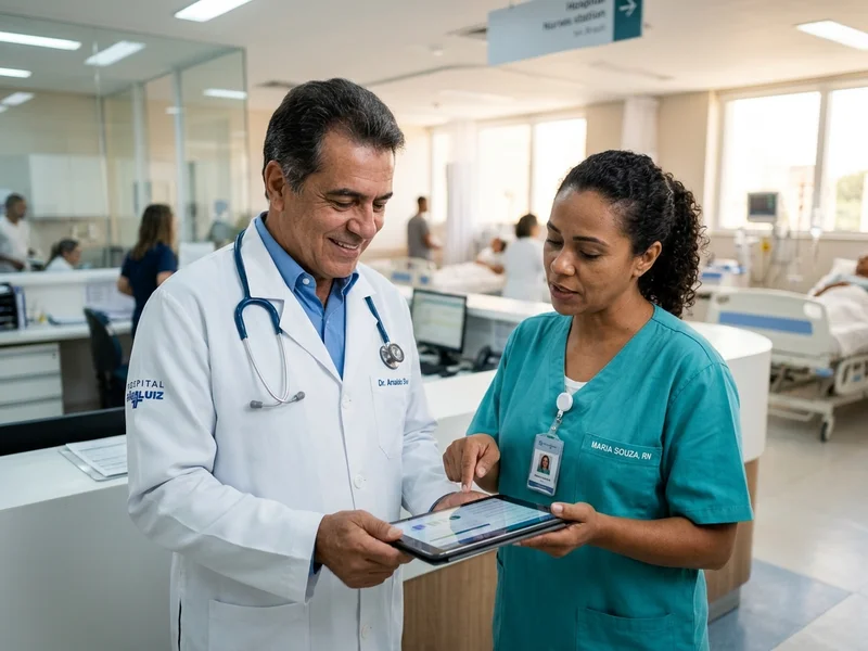 Médico y enfermera consultando la historia clínica en tablet en sala hospitalaria